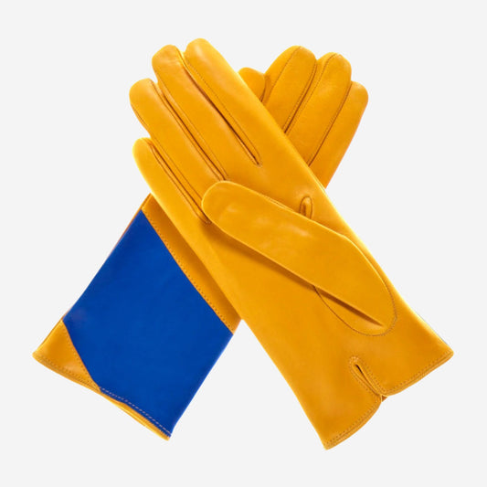 CS4416 (yellow/blue) - Women's Italian Color Block Silk Lined Leather Gloves