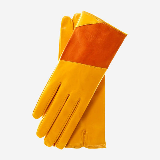 CS4416 (yellow/tang) - Women's Italian Color Block Silk Lined Leather Gloves