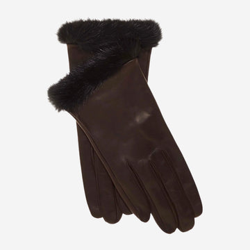 CS4616 (dunkelbraun) - Italienische Damen-Lederhandschuhe mit Nerzbesatz und Seidenfutter