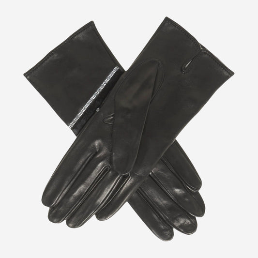 CS4628 (black) - Women's Italian Leather Gloves with Italian Silk lining and Swarovski Crystal Trim