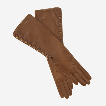 CS4820W8 (camel) - Elbow Length Silk Lined Lambskin Leather Gloves With Buttons