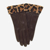 CS4837 (braun) – Damen-Handschuhe aus italienischem Lammleder mit Seidenfutter und Leopardenmuster-Ponyfellstulpe