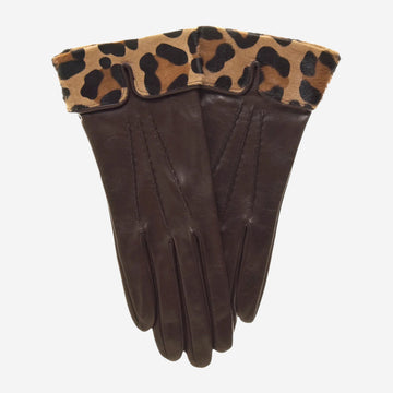 CS4837 (braun) – Damen-Handschuhe aus italienischem Lammleder mit Seidenfutter und Leopardenmuster-Ponyfellstulpe