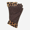 CS4837 (braun) – Damen-Handschuhe aus italienischem Lammleder mit Seidenfutter und Leopardenmuster-Ponyfellstulpe