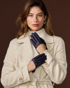 Ciandra (navy blue) - Women's short Italian lambskin leather gloves with swoop back