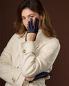 Ciandra (navy blue) - Women's short Italian lambskin leather gloves with swoop back