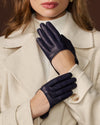 Ciandra (navy blue) - Women's short Italian lambskin leather gloves with swoop back