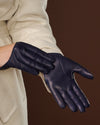 Ciandra (navy blue) - Women's short Italian lambskin leather gloves with swoop back