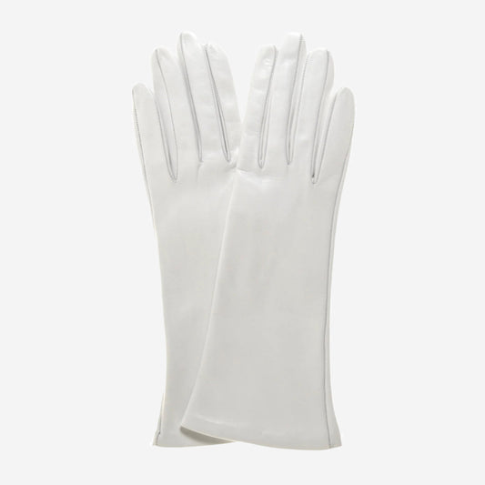 CW01W4 (ivory) - Italian silk Lined 4-button length white leather bridal gloves