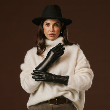 Camilla (Schwarz) - Lange italienische Winter-Lederhandschuhe mit luxuriösem Kaschmirfutter