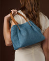 Celestina (sky blue) - Women's Italian raffia handbag with calf leather handles