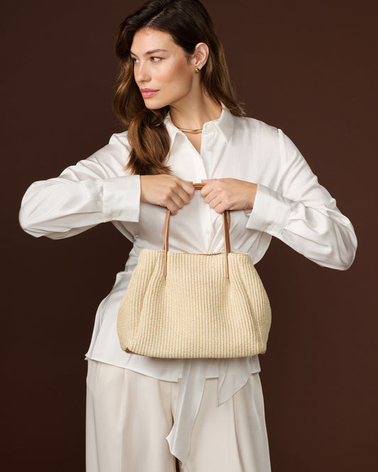 Celestina (cream) - Women's Italian raffia handbag with calf leather handles
