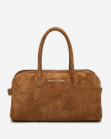 Chiara (Cognac) – Italienische Damenhandtasche aus Kalbsveloursleder (mit Schulterriemen)
