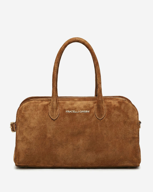 Chiara (cognac) - Italian calf suede women's handbag (with shoulder strap)