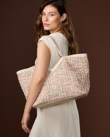 Clarissa (beige / white) - Women's Italian raffia tote bag with calf leather trim