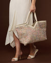 Clarissa (beige / white) - Women's Italian raffia tote bag with calf leather trim