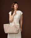 Clarissa (beige / white) - Women's Italian raffia tote bag with calf leather trim