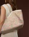Clarissa (beige / white) - Women's Italian raffia tote bag with calf leather trim