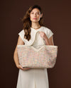 Clarissa (beige / white) - Women's Italian raffia tote bag with calf leather trim