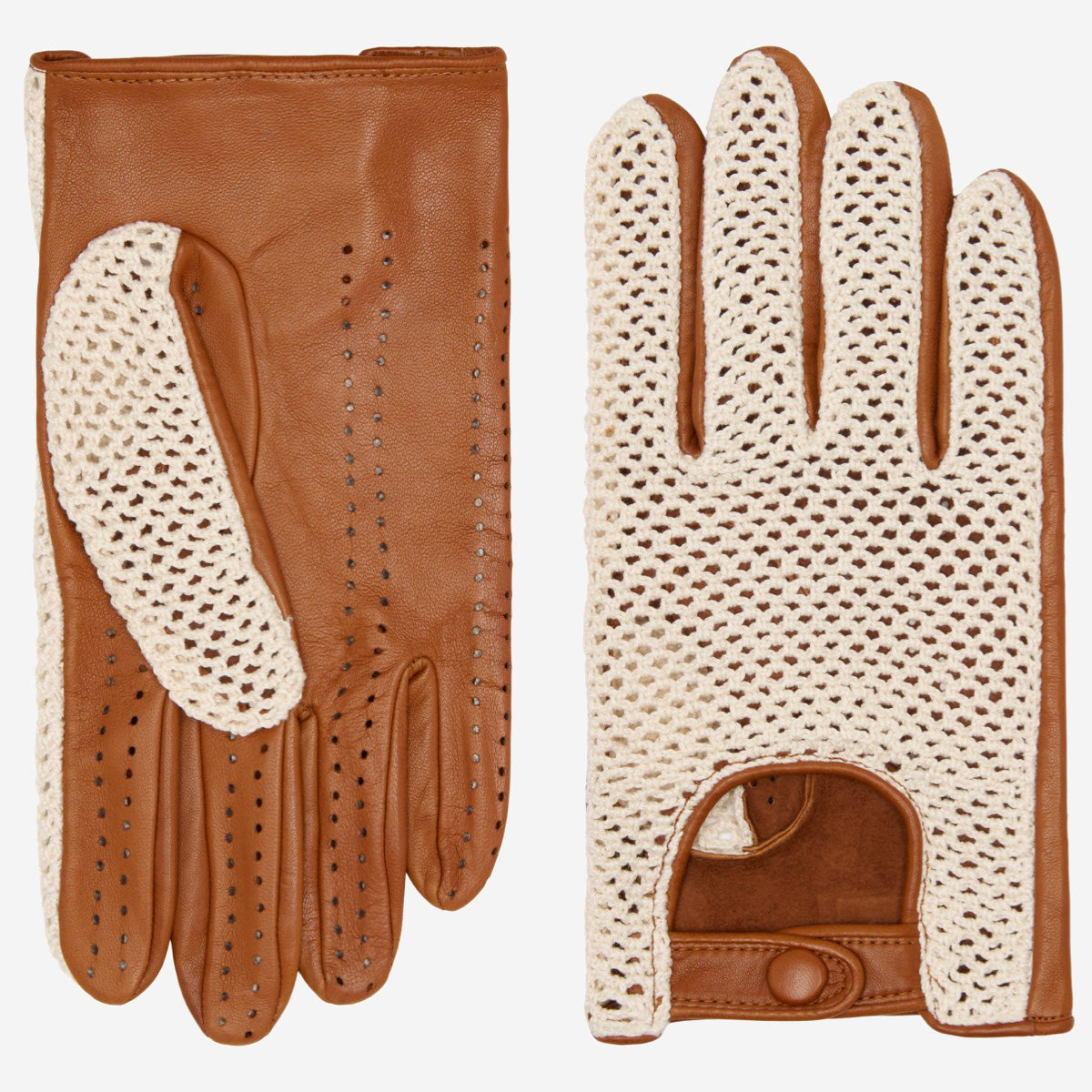 Valeria (cognac) - Hand-sewn Italian crochet driving gloves from lambskin leather - Fratelli Orsini - Luxury Driving Gloves - Handmade in Italy - 1