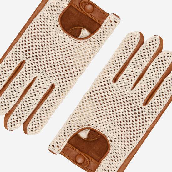 Valeria (cognac) - Hand-sewn Italian crochet driving gloves from lambskin leather - Fratelli Orsini - Luxury Driving Gloves - Handmade in Italy - 3