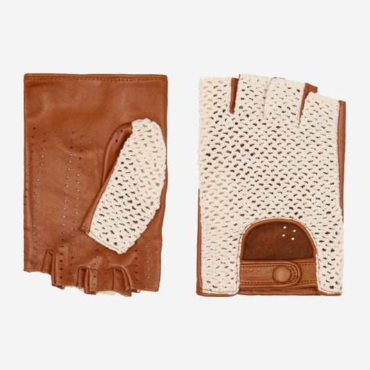 Daniella (cognac) - Hand-sewn Italian crochet driving gloves from lambskin leather