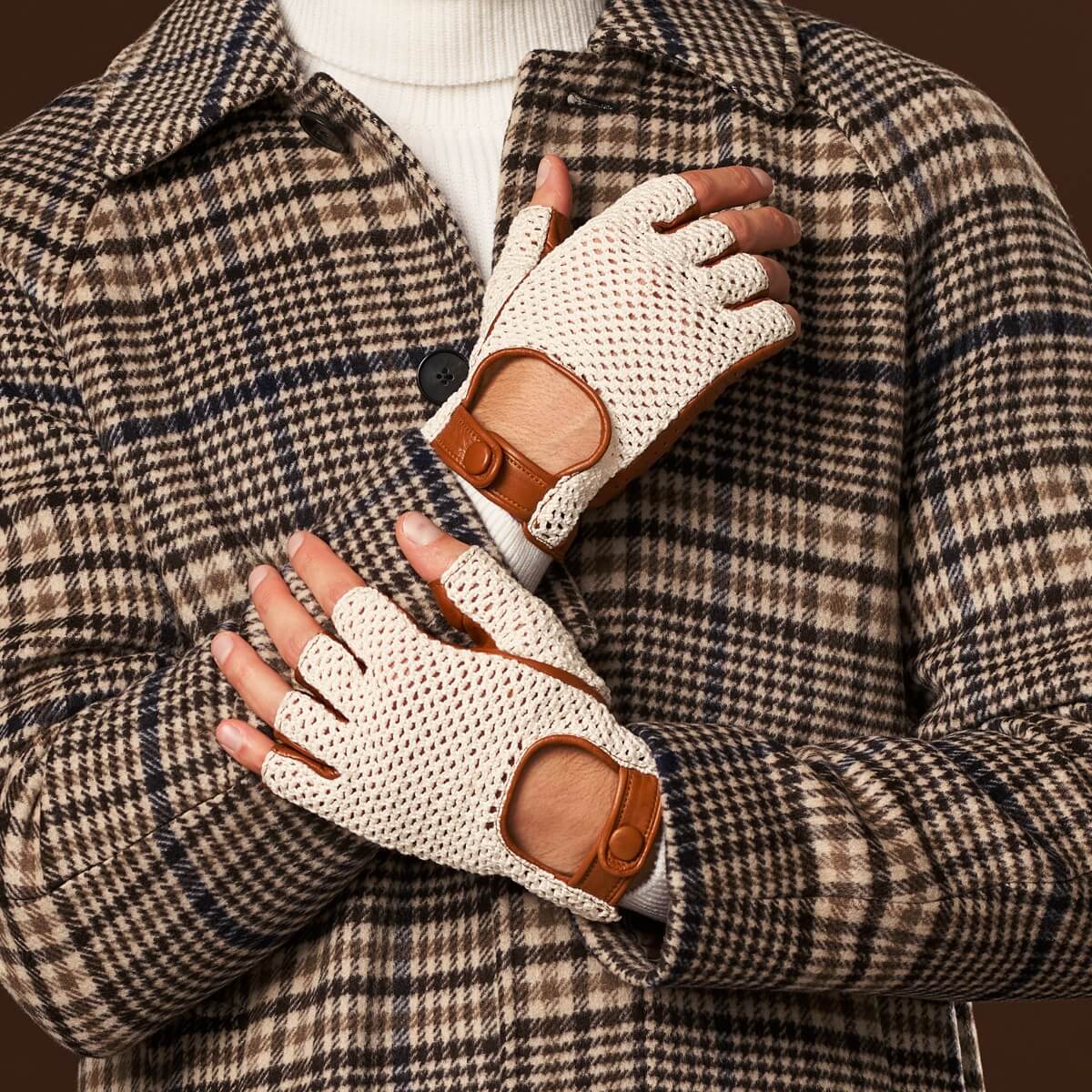 Dario (cognac) - Hand-sewn Italian crochet driving gloves from lambskin leather - Fratelli Orsini - Luxury Leather Gloves - Handmade in Italy - 7