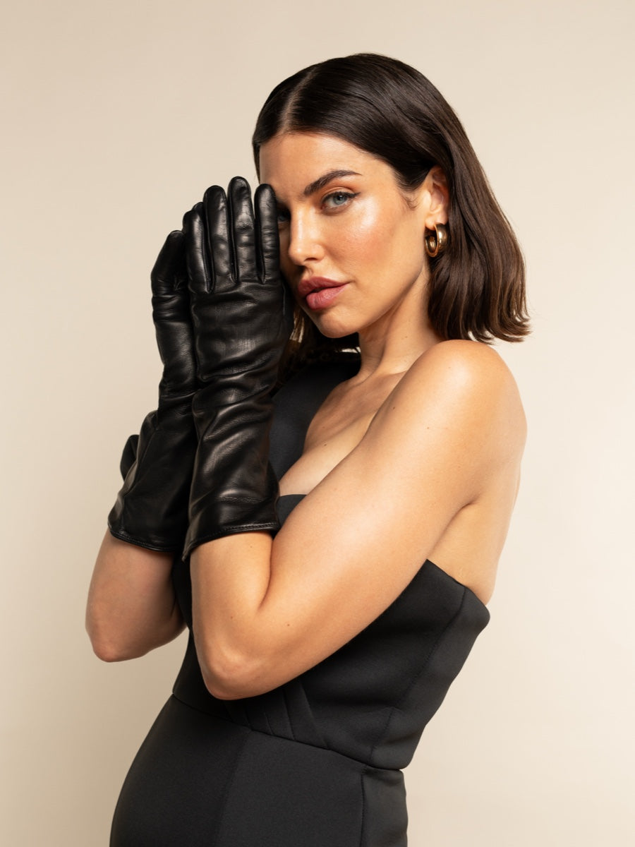 Elena (black) - Italian silk lined 6-button length leather opera gloves - Fratelli Orsini - Luxury Leather Gloves - Handmade in Italy - 2