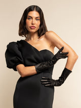 Elena (black) - silk lined 6-button length leather opera gloves