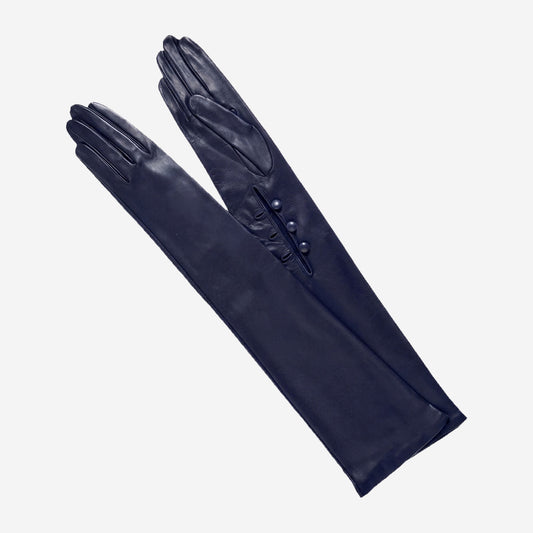 Elena (navy) - Italian silk lined 16-button length leather opera gloves