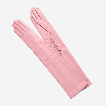 Elena (pink) - Italian silk lined 12-button length leather opera gloves