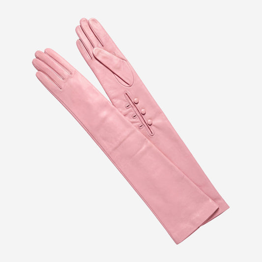 Elena (pink) - Italian silk lined 16-button length leather opera gloves