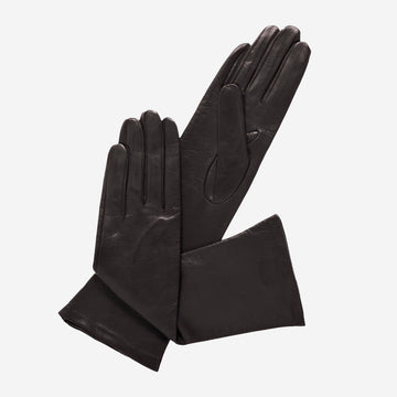 Elena (marron) - Gants d'opéra en cuir doublés de soie italienne, longueur 6 boutons