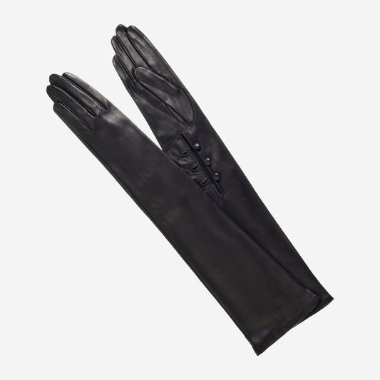 Elena (Schwarz) - italienische, mit Seide gefütterte, 16-Knopf lange Leder-Opernhandschuhe