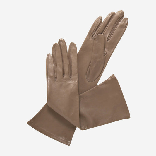 Elena (taupe) - Italian silk lined 6-button length leather opera gloves