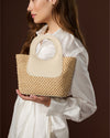 Elisabetta (light beige) - Women's Italian raffia mini bag with calf leather handle