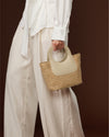 Elisabetta (light beige) - Women's Italian raffia mini bag with calf leather handle