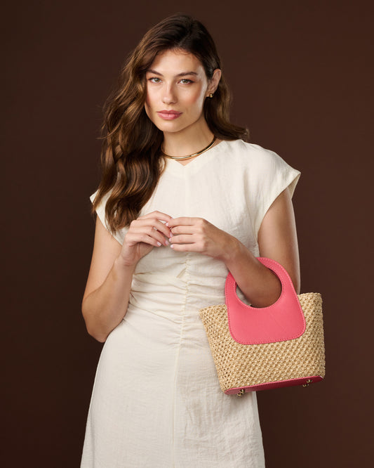 Elisabetta (lobster pink) - Women's Italian raffia mini bag with calf leather handle