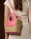 Elisabetta (lobster pink) - Women's Italian raffia mini bag with calf leather handle