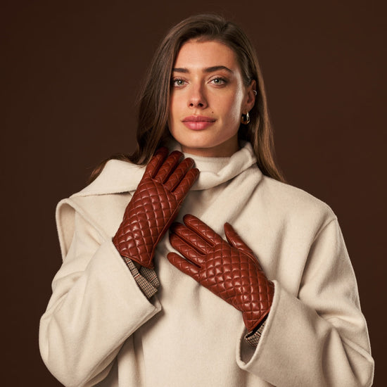 Leather Gloves Brown Cashmere Lined Checkered Pattern