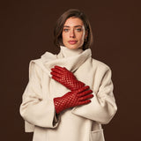 Emilia (red) - classic Italian lambskin leather gloves with cashmere lining and checkered pattern - Fratelli Orsini - Luxury Leather Gloves - Handmade in Italy - 6