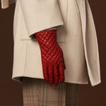 Emilia (red) - classic Italian lambskin leather gloves with cashmere lining and checkered pattern - Fratelli Orsini - Luxury Leather Gloves - Handmade in Italy - 7