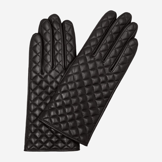 Emilia (black) - Classic Italian lambskin leather gloves with cashmere lining and checkered pattern