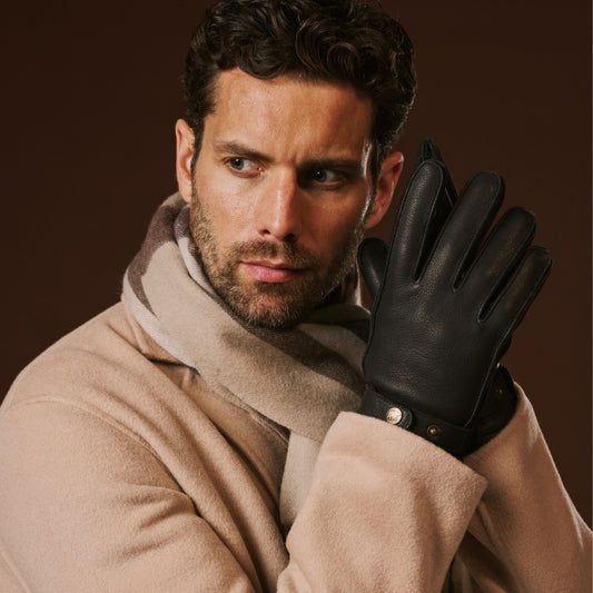 Emilio (zwart) - Luxueuze hertenleren handschoenen met kasjmiervoering en verstelbare drukknopsluiting