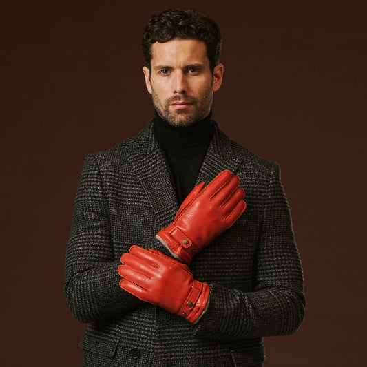 Emilio (oranje) - Luxueuze hertenleren handschoenen met kasjmiervoering en verstelbare drukknopsluiting