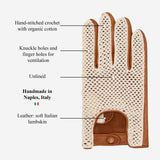 Arturo (cognac) - Hand-sewn Italian crochet driving gloves from lambskin leather