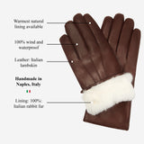 Francesca (brown) - Italian lambskin leather gloves with white rabbit fur lining