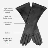 Lucia (schwarz) - Italienische ungefütterte Opernhandschuhe aus Leder mit 8 Knöpfen