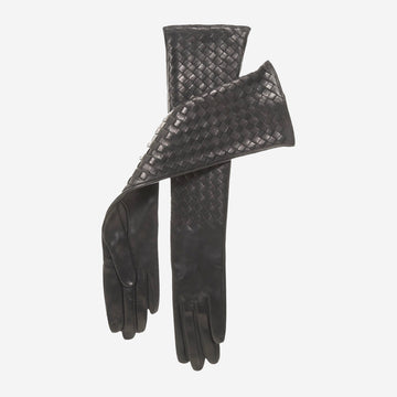 FS04W10 (black) - Italian long woven black leather Gloves - 10-button length