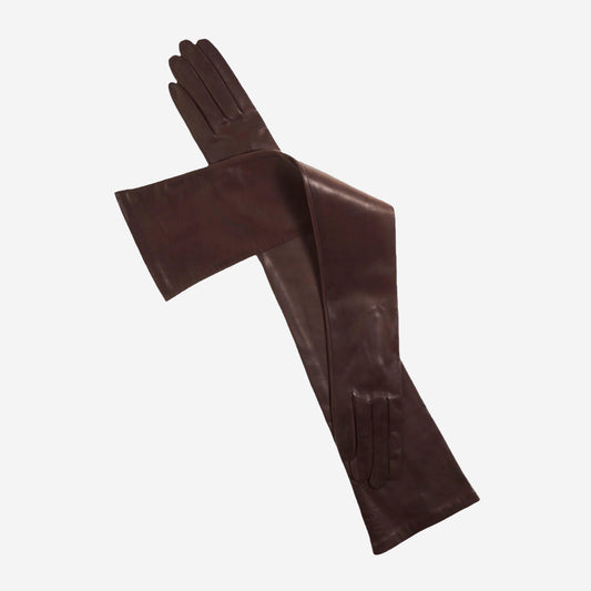 FS15W16 (brown) - Italian silk lined opera leather gloves - 16-button length